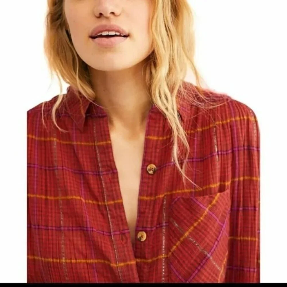 Free People Break My Stripe Red Oversized Plaid Button Down Top